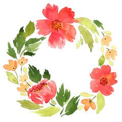 Sticker - Watercolor loose red flowers wreath. Hand painted floral arrangement