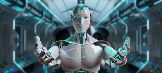 Poster - White male cyborg opening his two hands 3D rendering