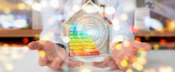Wall Mural - businessman using 3d rendering energy rating chart in a wooden house