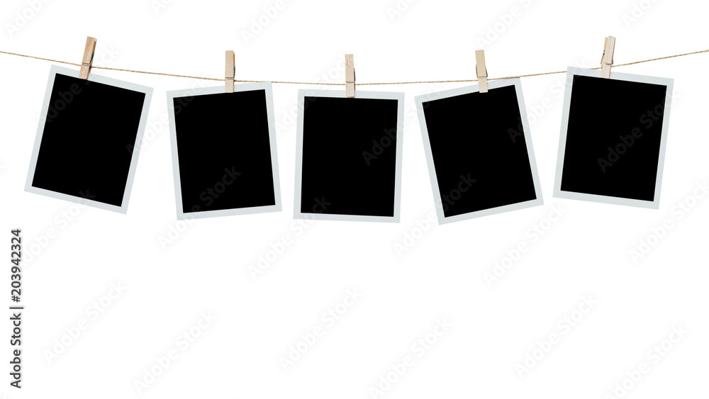 five photo frame blank hanging on isolated white with clipping path. - obrazy, fototapety, plakaty 