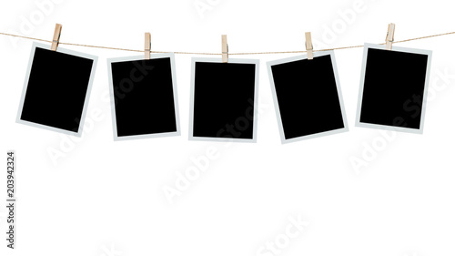 Fotomural five photo frame blank hanging on isolated white with clipping path