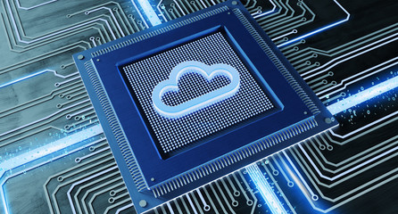 Poster - CPU processor chip with a cloud and network connection on a circuit board - 3d render