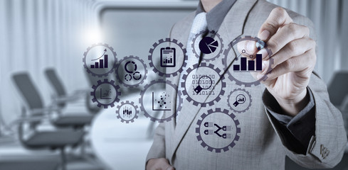 Poster - Business data analytics management with connected gear cogs with KPI financial charts and graph.