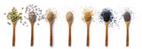 Fototapeta Desenie - Set of spoons with different seeds on white background