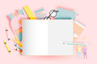 Various stationery for back to school in paper art style with pastel color
