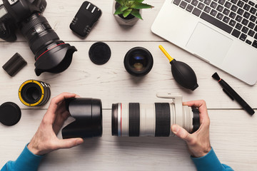 Poster - Photo camera lens disassembling top view