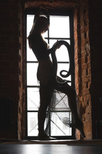 Slim Female Silhouette Dancing With A Snake In Front Of Window