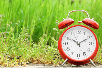 Poster - Alarm clock near green grass, outdoors. Time change concept