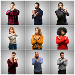 Canvas Print - Group of mixed people, women and men annoyed with bad attitude making stop sign crossing hands, saying no, expressing security, defense or restriction