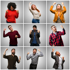 Canvas Print - Group of mixed people, women and men happy and excited celebrating victory expressing big success, power, energy and positive emotions. Celebrates new job joyful