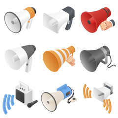 Poster - Megaphone loud speaker icons set. Isometric illustration of 9 megaphone loud speaker vector icons for web