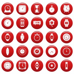 Poster - Time and clock icons set. Simple illustration of 25 time clock vector icons red isolated