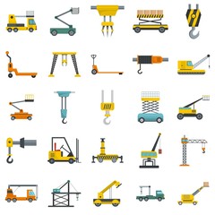 Poster - Lifting machine equipment icons set. Flat illustration of 25 lifting machine equipment cargo vector icons isolated on white