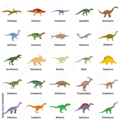 Fotografía Dinosaur types signed name icons set