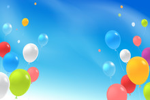 Multicolored Flying Balloons In The Blue Sky. Festive Colorful Balloons Vector Illustration. Celebration Background For Your Design. Eps 10.