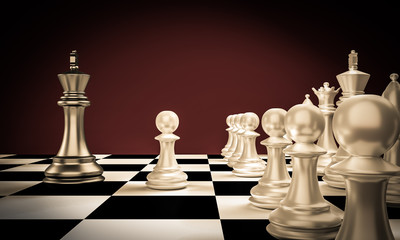 Wall Mural - White pawn are leader to fight with black king chess to victory with teamwork. Business concept 3d rendering for leadership. 