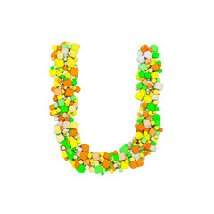 Poster - Alphabet letter U uppercase. Funny font made of orange, green and yellow shape cube. 3D render isolated on white background.