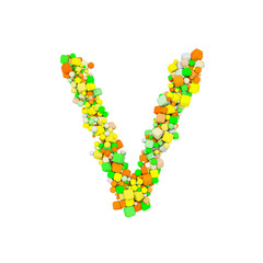 Poster - Alphabet letter V uppercase. Funny font made of orange, green and yellow shape cube. 3D render isolated on white background.