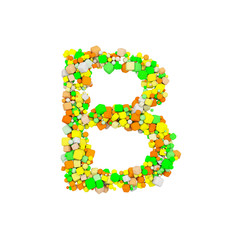 Poster - Alphabet letter B uppercase. Funny font made of orange, green and yellow shape cube. 3D render isolated on white background.