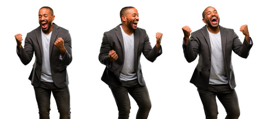 Wall Mural - African american man with beard happy and excited celebrating victory expressing big success, power, energy and positive emotions. Celebrates new job joyful