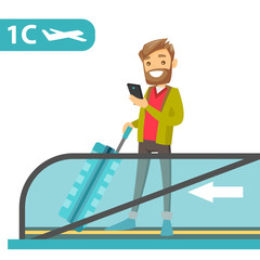 Poster - A white man traveller standing on airport escalator with a phone and suitcase in hands. Flight passenger uses a smartphone on flat escalator. Vector cartoon illustration isolated on white background.