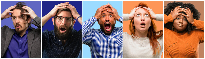 Poster - Group of cool people, woman and man stressful keeping hands on head, terrified in panic, shouting