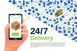 Delivery service vector illustration of isometric logistics poster for advertising design template. 24 7 delivery truck and smartphone application for parcel shipment tracking map