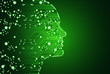 Big data and artificial intelligence concept. Machine learning and cyber mind domination concept in form of men face outline outline with circuit board and binary data flow on green background.