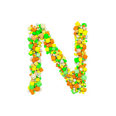 Poster - Alphabet letter N uppercase. Funny font made of orange, green and yellow shape cube. 3D render isolated on white background.