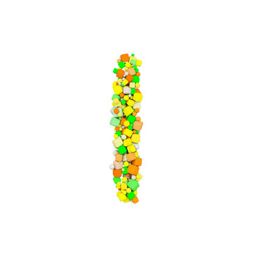 Alphabet letter I uppercase. Funny font made of orange, green and yellow shape cube. 3D render isolated on white background.