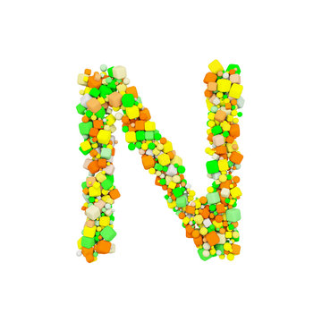Alphabet letter N uppercase. Funny font made of orange, green and yellow shape cube. 3D render isolated on white background.