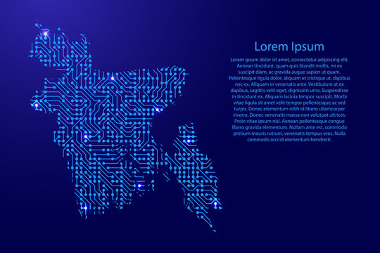 Map Bangladesh from printed board, chip and radio component with blue star space on the contour for banner, poster, greeting card. Computer electronics processor motherboard. Vector illustration.