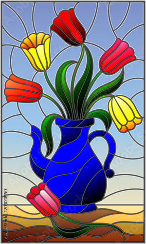 Dekoracja na wymiar  ilustracja-w-stylu-witrazu-z-martwa-natura-niebieski-dzbanek-z-kolorowymi-tulipanami