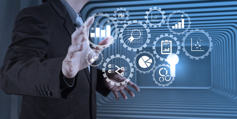 Poster - businessman touching finance chart and graph virtual icons for investment strategy concept.