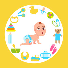 Toddler Infant In Diaper Crawl On All Fours Vector
