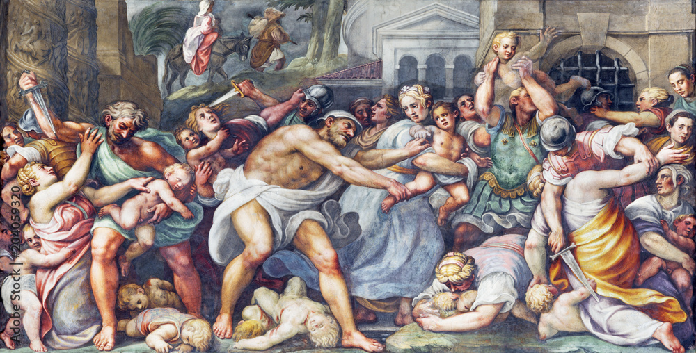 PARMA, ITALY - APRIL 16, 2018: The fresco of Macacre of Inocents in Duomo by Lattanzio Gambara (1567 - 1573). - obrazy, fototapety, plakaty 
