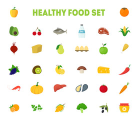 Poster - Cartoon Healthy Food Signs Color Icons Big Set. Vector