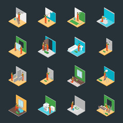 Poster - Home Repair Worker People 3d Icons Set Isometric View. Vector