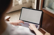 © makarovada - Mock-up of blank screen of laptop computer, female freelancer working on modern PC computer with template screen with area for your logo or design, young hipster girl working from home of office