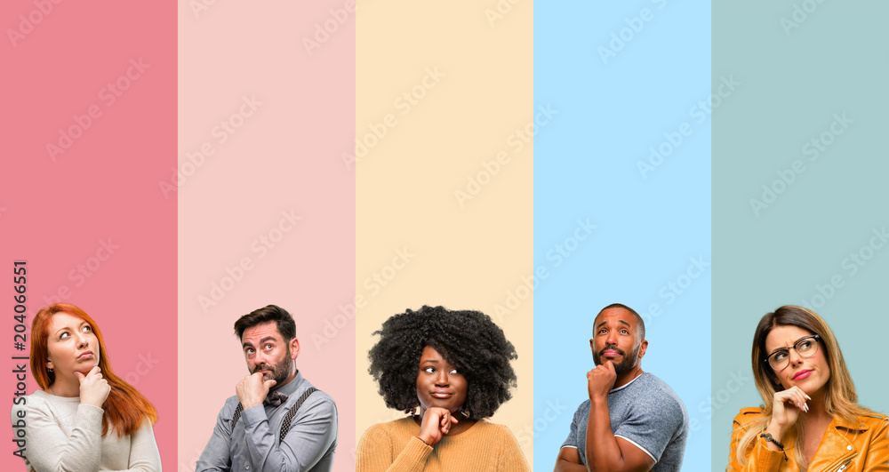 Cool group of people, woman and man thinking and looking up expressing doubt and wonder - obrazy, fototapety, plakaty 