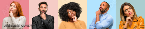 Fotografía Cool group of people, woman and man thinking and looking up expressing doubt and