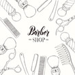 Hand drawn Barber Shop background  with doodle razor, scissors, shaving brush,  comb, classic barber shop Pole. Sketch. Lettering. Vector illustration. Banner, flyer, brochure. Advertising