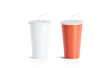 Fototapete - Blank white and red disposable cup with straw mock up, isolated. Empty paper soda drinking mug mockup with lid and tube front view. Clear soft drink cola take away plastic package