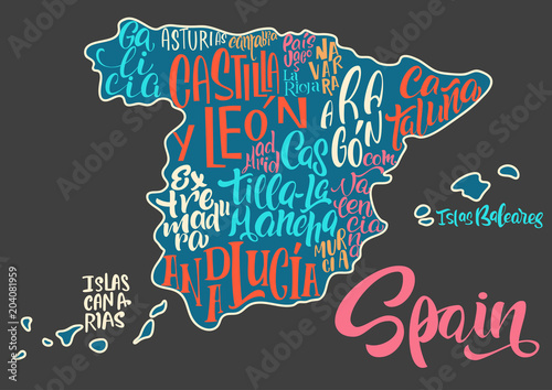 Fotografía Silhouette of the map of Spain with hand-written names of regions, provinces - Catalonia, Andalusia, Galicia, etc