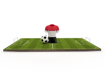 Yemen soccer shirt national flag on a football pitch. 3D Rendering