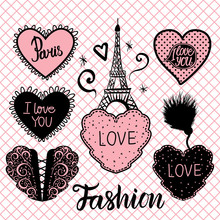 Vector Set Of Hearts Hand Draw And The Eiffel Tower On Pink Fishnet Tights Seamless Pattern.