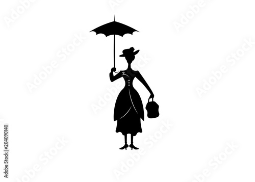 Fotomural Silhouette girl floats with umbrella in his hand, vector isolated or white backg