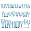Vector set of different glassware, 24 empty glass cups various shape for alcohol drinks and cocktails, collection of blue shiny mock up icons for bar menu, transparent crockery on white background.