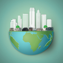 Wall Mural - Modern buildings cityscape on hemisphere green world as business, nature, eco and love earth day concept. vector illustration of paper art and craft style.