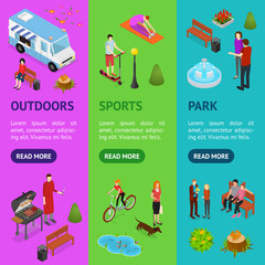 Poster - city public park or square banner vecrtical set 3d isometric view. vector